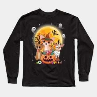 Chihuahua Dog Mummy Witch Moon Ghosts Happy Halloween Thanksgiving Merry Christmas Day Long Sleeve T-Shirt